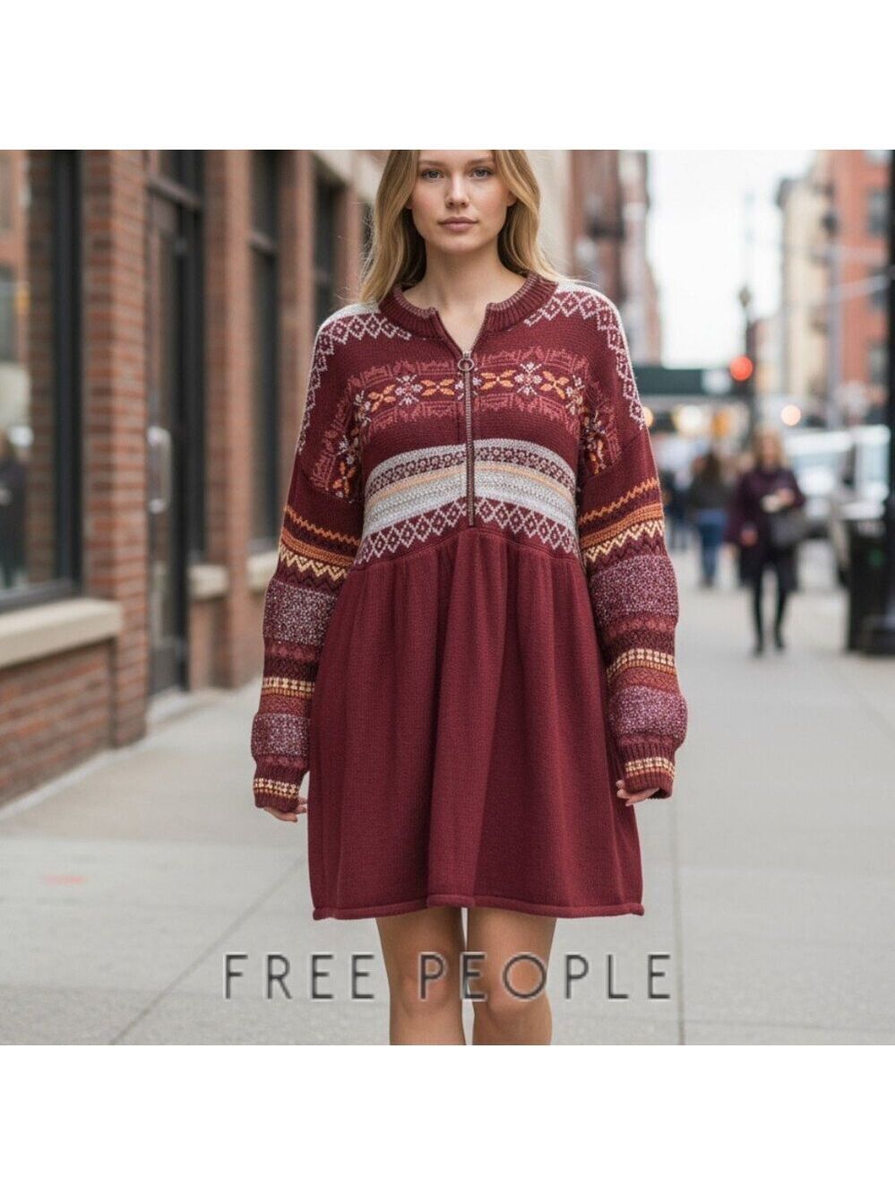 ✨ Free People Metallic Fair Isle Tunic Sweater – Size L (Burgundy Multi)